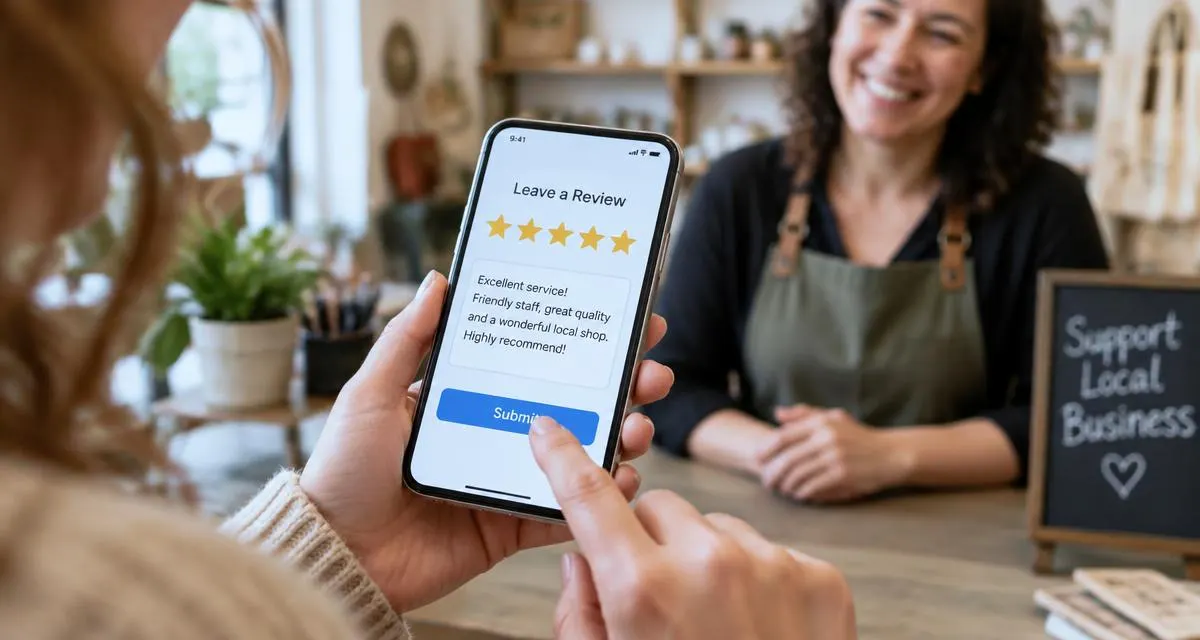Cliente dando cinco estrelas no celular enquanto a dona de uma pequena loja sorri ao fundo
