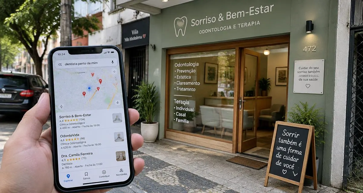 Pessoa segurando celular com o Google Maps aberto em frente a um consultório de odontologia e terapia