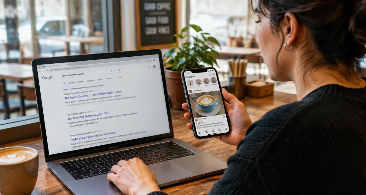 Mulher em uma cafeteria comparando resultados de busca no notebook e um feed do Instagram no celular